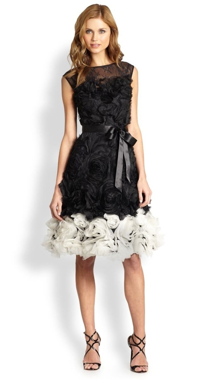 Teri Jon Rickie Freeman Black White Floral 3D Rosette Ombre Cocktail Dress Sz 6